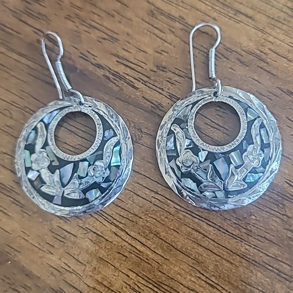 mexico Jewelry - Vintage Mexican Alpaca 925 Silver Floral Abalone Shell Dangle Earrings